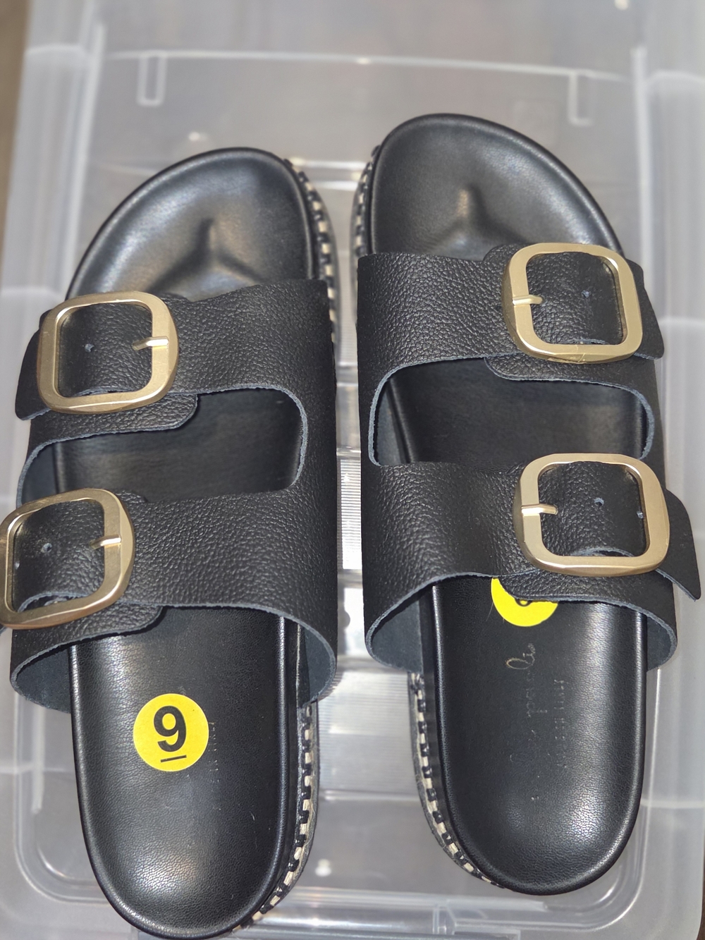 Black Double-Buckle Slide Sandals with Gold Buckles